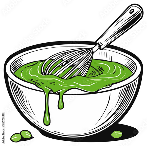 Vivid Green Mixture Being Whisked in Bowl, Kitchen Utensils, Cooking Preparation