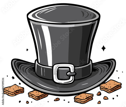 Cartoon Style Top Hat with Buckle and Cracker Cookies Scattered Around, Black and White Comic Book Illustration