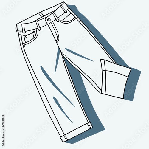 Classic Folded Blue Denim Jeans on White Background