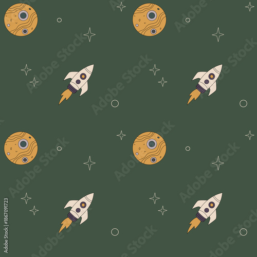 Dark green space background with hand drawn rockets and planets, creating a calm cosmic mood for kids and creative projects