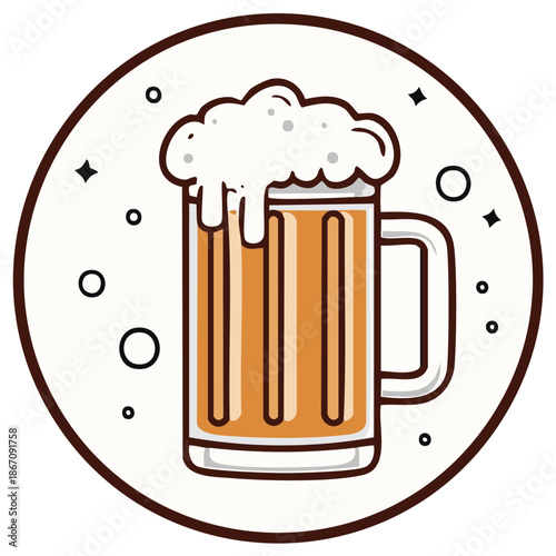 Illustration of a frothy beer mug with bubbles and stars