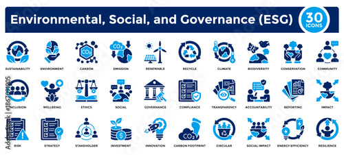 Environmental, Social, and Governance (ESG) icon collection. Containing sustainability, environment, social, governance, carbon, renewables, emissions, conservation, risk, innovation.