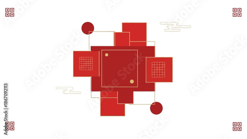 Abstract red and gold geometric pattern with overlapping squares, circles, and subtle traditional cloud elements, creating a festive and elegant modern background design