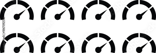 Eight identical black speedometer icons displaying a medium measurement on a clean white background