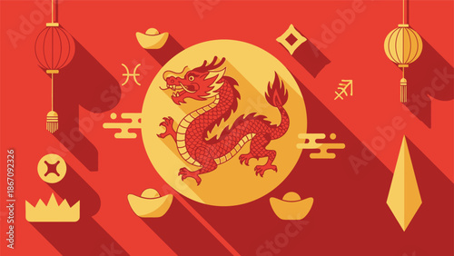 Traditional Chinese Dragon and Zodiac Symbols on a Festive Red Background