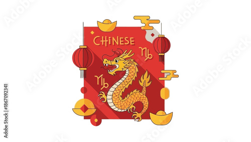 Vibrant Chinese Dragon Illustration with Traditional Lanterns and Gold Ingots - Asian Cultural Celebration Art