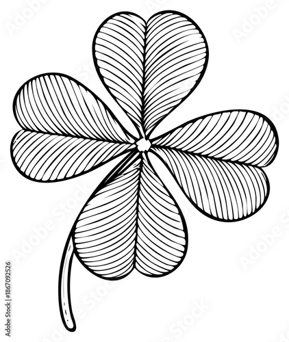 Detailed black and white four leaf clover illustration with intricate line art
