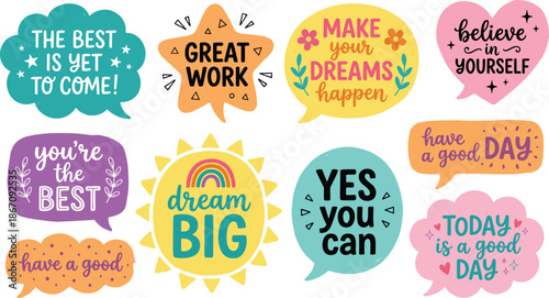 Motivational quote stickers with colorful speech bubbles positive messages hand drawn illustration for self improvement social media branding