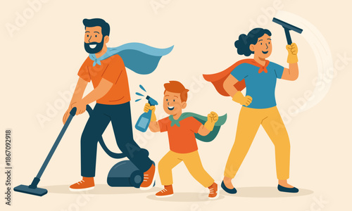 Parents and child cleaning home together while dressed as superheroes. Cheerful family activity with household tools, teamwork and playful imagination in flat vector illustration.