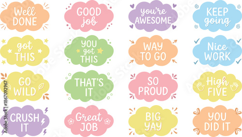 Cute encouragement cloud stickers with positive phrases pastel colors hand drawn illustration for motivation rewards education social media designs