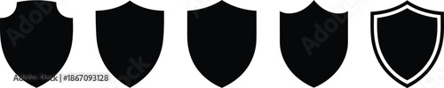 Five black silhouette shield icons representing protection and security concepts on a white backdrop