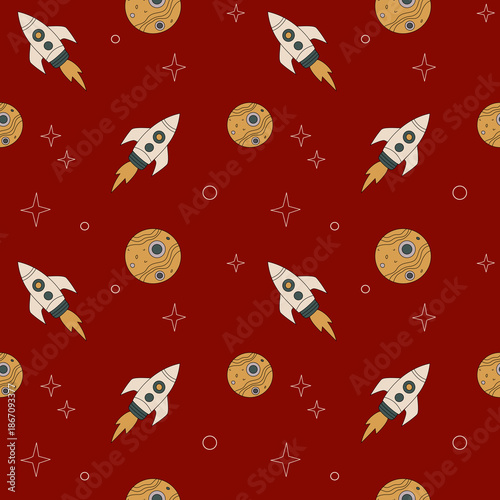 Dark red space background with hand drawn rockets, planets and stars, creating a calm cosmic mood for kids and creative surface design