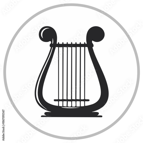 Elegant black lyre icon, ancient Greek stringed instrument symbol for music, poetry, and harmony