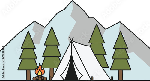 Peaceful outdoor camping journey in the wilderness with a cozy tent campfire and majestic snowy mountains