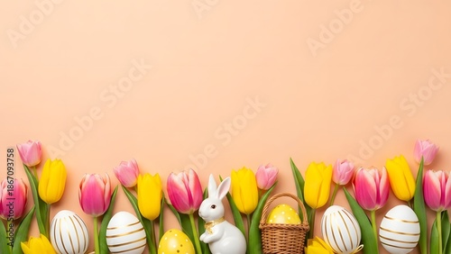 Vibrant Easter Flat Lay: Tulips, Eggs, Baskets, and Bunnies on Pastel Beige Background