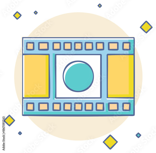 Hand Drawn Movie Film Strip With Circle and Yellow Squares Icon