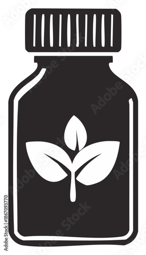 Black and white silhouette of a bottle with a plant sprout inside, representing health and natural products.