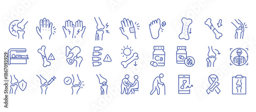 Medical line icon set. Vector pictograms of arthritis, osteoporosis, pain, injury, inflammation, injection, diagnosis, prevention, healthcare, calcium supplement, skeleton, thin linear illustration.