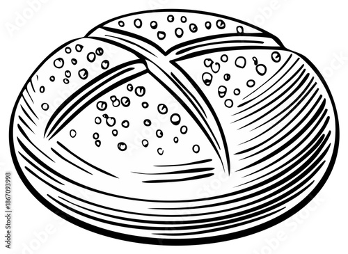 Black and white drawing of a round bread roll with a cross-shaped indentation on top and air bubbles
