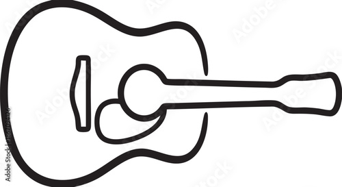 Black outline acoustic guitar with soundhole and neck on white background music instrument string