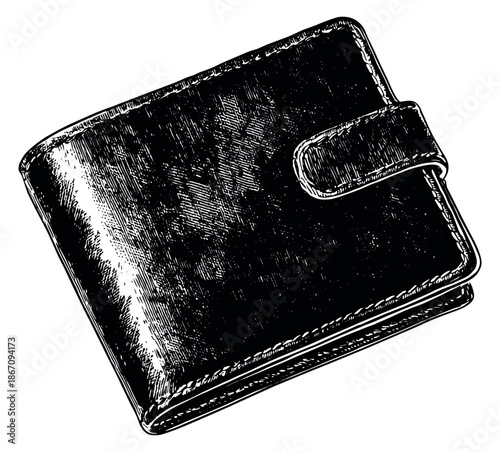 Hand drawn line art illustration of a wallet depicting a closed financial accessory for personal finance and shopping