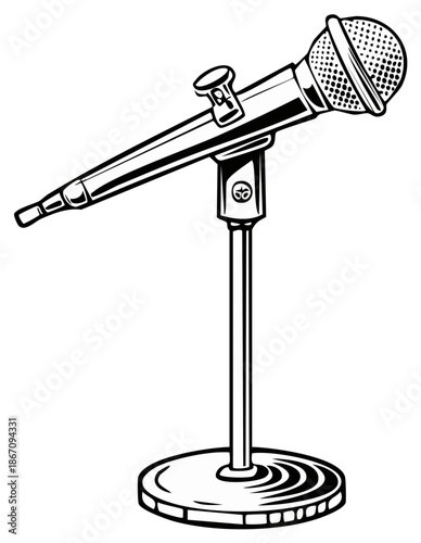Retro microphone outline on stand for musical performance and sound recording equipment in black and white