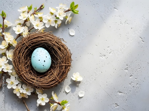 Pastel Easter Eggs in Nest with Cherry Blossoms on Grey Concrete