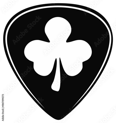 Black guitar pick featuring a clover design, minimalist style, a graphic element for music and good luck themes.