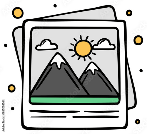 Cartoon snapshot of mountains, sun, and clouds