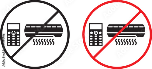 no Air conditioner icon. AC prohibition symbols. Cooling system forbidden graphic design. Forbidden Sign Air Conditioner ,black and red isolated silhouette. Forbidden air conditioner vector icon