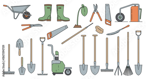 Extensive set of gardening tools and equipment including a wheelbarrow, boots, shovels, rakes, and shears for landscaping maintenance.