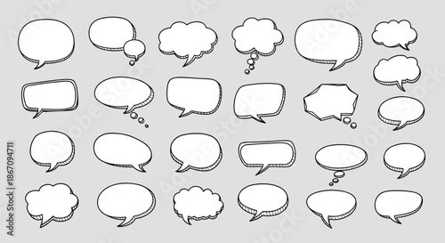 Collection of diverse hand-drawn speech and thought bubbles in various shapes and sizes for communication and design projects.
