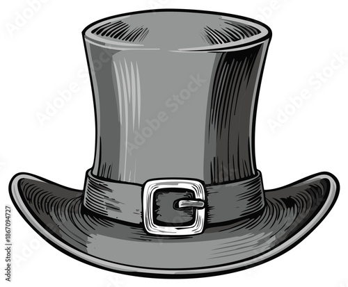 Classic gray top hat with buckle and ribbon detail, vintage style illustration