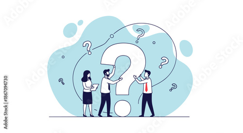 Group of professional business people working together to solve a problem represented by a giant question mark symbol.