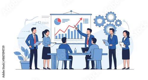 Corporate team attending a business presentation with a speaker pointing at a rising growth chart on a large screen.