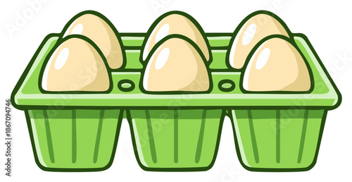 Cartoon of six fresh eggs in an open green carton vector illustration