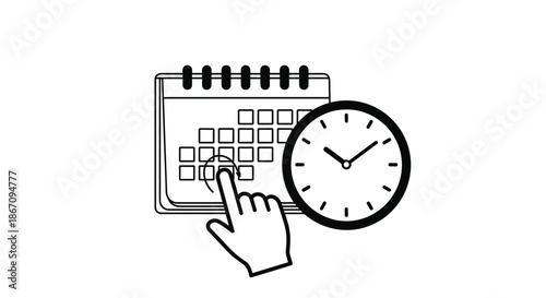 Graphic illustration of a human hand pointing at a calendar date next to a clock representing business time management and planning.