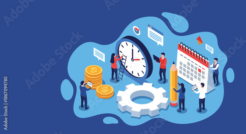 Small team of professionals managing business time, money, and tasks using a large clock, calendar, and gear for strategic growth.