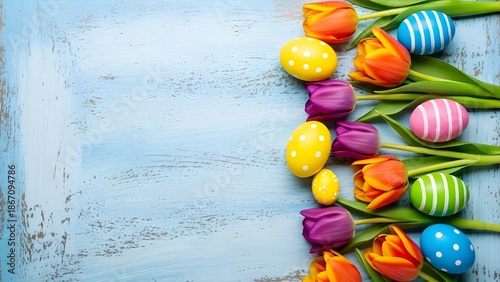 Vibrant Spring Flat Lay: Colorful Tulips and Easter Eggs on Light Blue Wooden Background with Copy Space