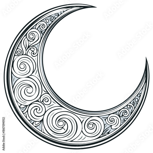 Intricate Crescent Moon Illustration with Decorative Swirls and Curls
