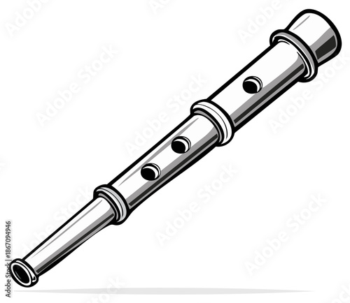 Traditional tin whistle folk wind instrument black and white vector illustration