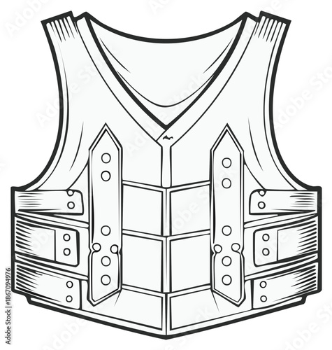 Stylized historical fantasy armor vest graphic outline drawing black white illustration