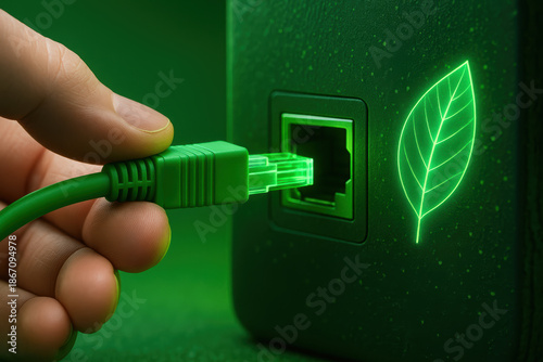 Green cable sustainability plug green technology concept eco innovation network ethernet cable connection energy efficient device glowing leaf icon clean energy future eco friendly design