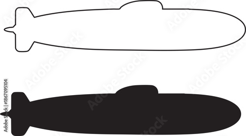 Outline and silhouette of a submarine against a white background black