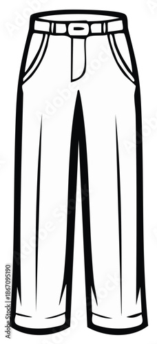 Classic black and white outline illustration of trousers with a belt and pockets