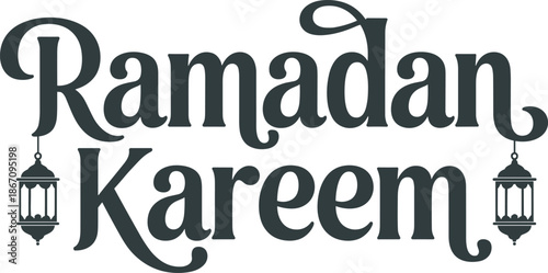 Black text with lanterns reading Ramadan Kareem in script
