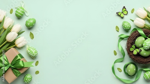 Elegant Green Easter Flat Lay with White Tulips, Polka-Dot Eggs, Nest, Butterflies, and Gift on Light Green Background with Copy Space