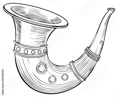 Engraved Hunting Horn with Decorative Elements Vintage Musical Instrument Vector Illustration