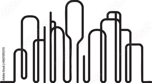 Abstract black line cityscape with rounded buildings and varied heights white shape