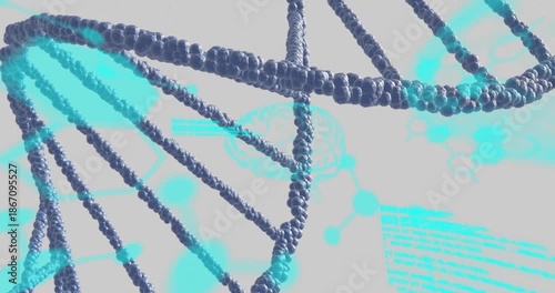 Animation of medical data processing over dna on grey background